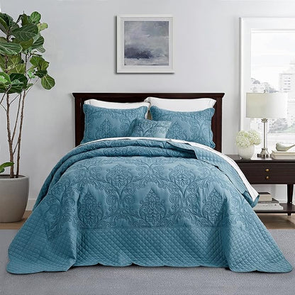 CHIXIN Bedspread Coverlet Quilt Set Full Size - Lightweight Bedding Cover - Beautiful Stitching - 5 Piece Reversible Bedspread - Luxury Damask Paisley Pattern (Full, Lagoon)