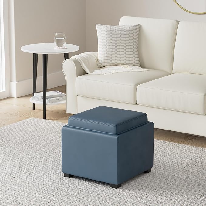 CHITA Storage Ottoman Cube with Tray Lid, Small Footstool with Storage, Square End Table for Living Room and Bedroom, Faux Leather in Dark Blue