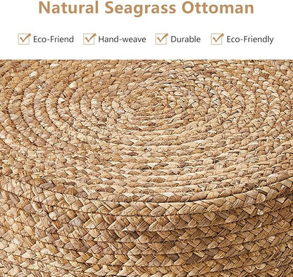 Wimarsbon Ottoman Foot Rest Stool Round Natural Seagrass Foot Stool Hand-Woven Boho Pouf Ottomans Home Decor Footstool Extra Seating for Living Room Bedroom Entryway Blue