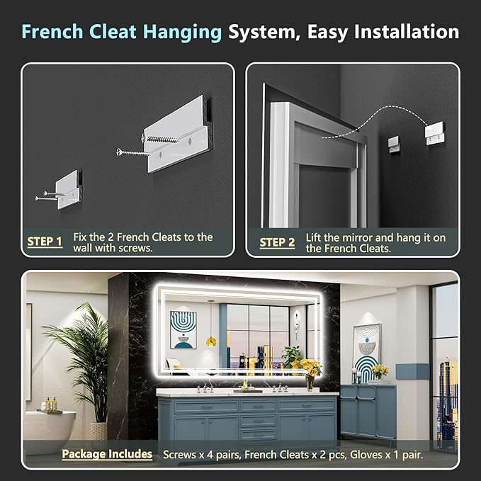 84x40 LED Bathroom Mirror with Lights, Backlit & Front Lit, Anti-Fog Frameless Lighted Vanity Mirrors for Bathroom Wall, Dimmable, 3-Color Light, Memory, Shatter-Proof, Tempered Glass, CRI＞90