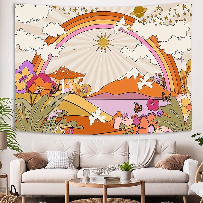 TOMOZ Vintage 70s 60s Groovy Tapestry, Retro Flowers Clouds Sun and Rainbow Tapestry Wall Hanging, Orange Boho Hippie Psychedelic Tapestries for Bedroom Living Room Dorm Decor 90 x 60Inch