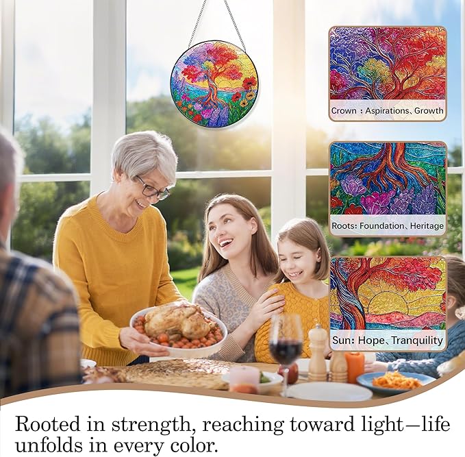 Stained Glass Window Hanging, Tree of Life Sun Catchers Stained Glass Panels for Indoor Windows Wall Art Decor, Birthday Graduation Gift for Mom Women Wife Men Lovers (7.87inch)