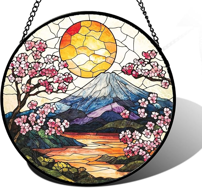Stained Glass Window Hanging, Sun Blooming Cherry Blossoms Suncatcher Diamond Glass Panel Sun Catchers Decor for Birthday for Women, Men, Wife, Aunt, and Mom 14.9x14.9 in