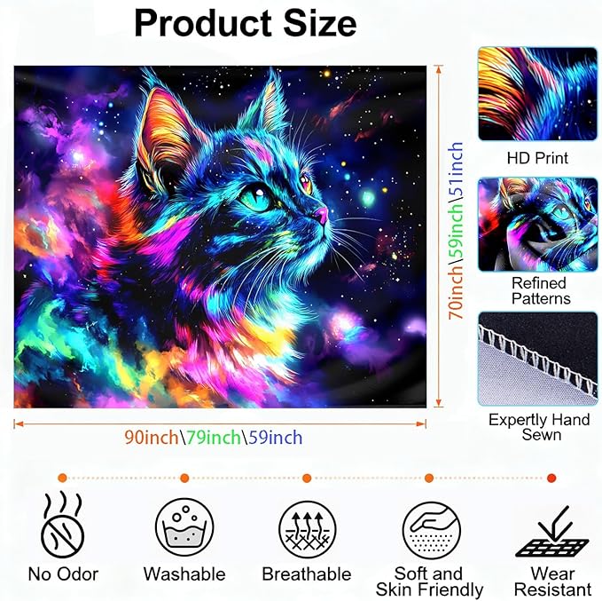 seewan Black Light Cat Tapestry, Space Galaxy Cat Tapestry, Glow-in-the-Dark UV-Reactive Black Light Standing Tapestry, Psychedelic Starry Night Wall Hanging, Bedroom Dorm Living Room Background Decor