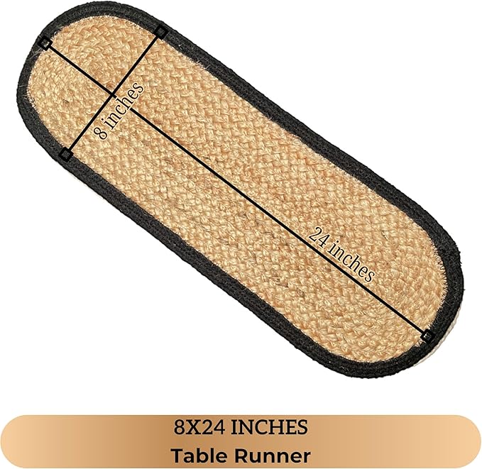 CHARDIN HOME Verona Oval Woven Jute & Cotton Braided Table Runner, Size -8 x 24 Inches, Color - Natural Jute with Black Border