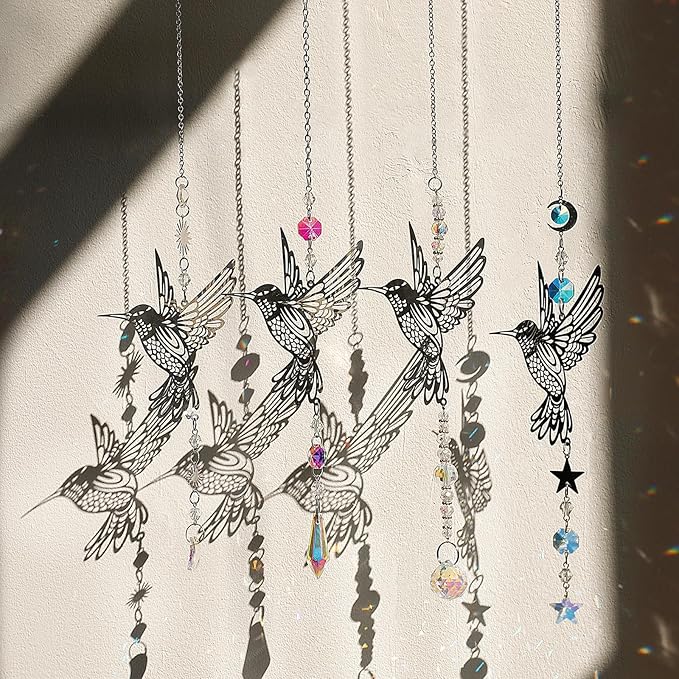 Artilady Suncatcher Hummingbird Wind Chimes for Outside Hanging Prism Crystal Sun Catchers Indoor Window Garden Porch Backyard Decor Birthday for Women Girls (Silver, 4 PCS)