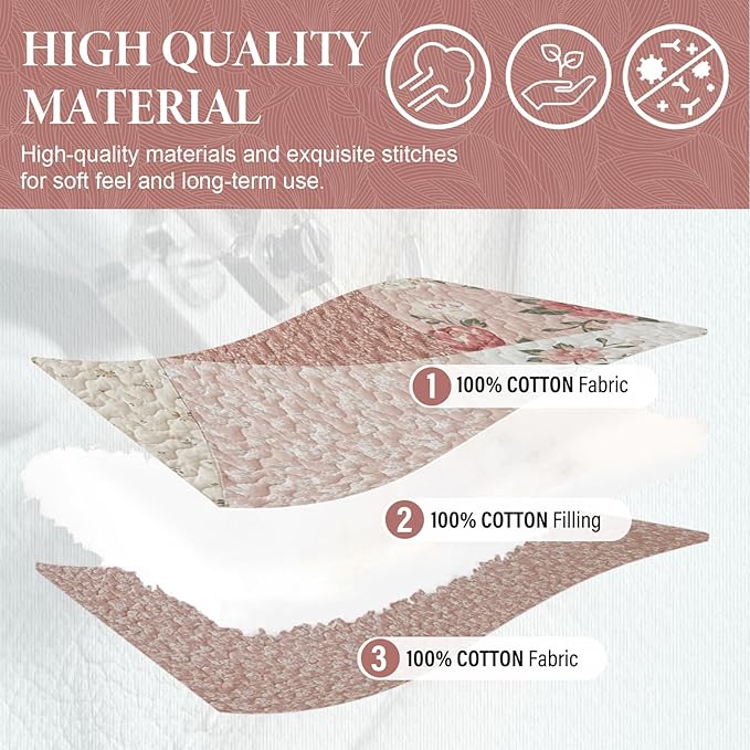 SahSahCasa 128"x120" 100% Cotton Oversized California King Patchwork Bedspread Coverlet Quilt Set, Floral Cal King Quilted Bedspread Extra Large Quilt, XL Bed Spread Lightweight Comforter, Pink/Cream