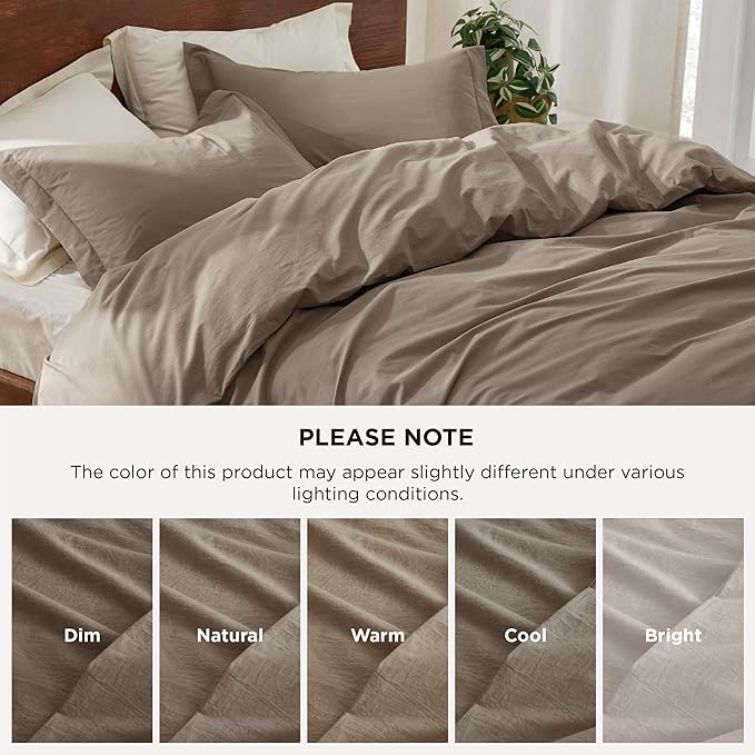 Bedsure 100% Washed Cotton Duvet Cover Queen Size - Light Brown Minimalist Cotton Duvet Cover Linen Like for All Seasons - GentleSoft™ Plain Simple Bedding, 3 Pieces (Light Brown, Queen, 90"x90")