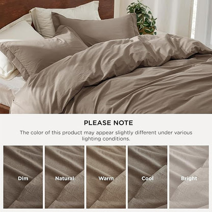 Bedsure 100% Washed Cotton Duvet Cover Queen Size - Light Brown Minimalist Cotton Duvet Cover Linen Like for All Seasons - GentleSoft™ Plain Simple Bedding, 3 Pieces (Light Brown, Queen, 90"x90")