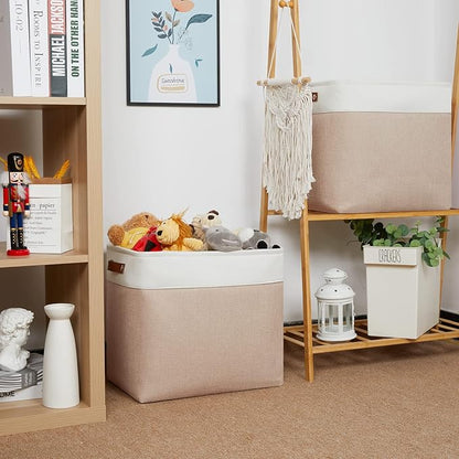 HNZIGE Large Fabric Storage Basket for Shelves, Rectangular Storage Bins Baskets for Storage, Canvas Collapsible Storage Bins with Handles for Organizing Home, Closet(White Beige)