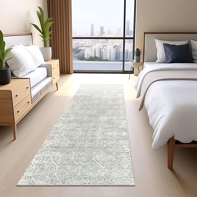 Washable Runner Rug, 2.5'x8' Vintage Kitchen Runners Non-Slip Foldable Hallway Runner Rug for Entryway, Laundry, Bedroom, Light Blue