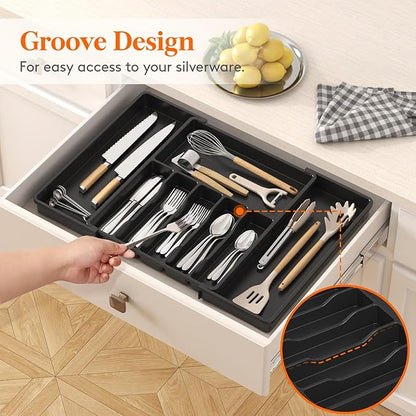 Lifewit Silverware Drawer Organizer, Expandable from 15.4 to 27 inches, Utensil Tray for Kitchen, Adjustable Cutlery Holder, Plastic Flatware Storage for Spoons Forks Knives, Extra Large, Black