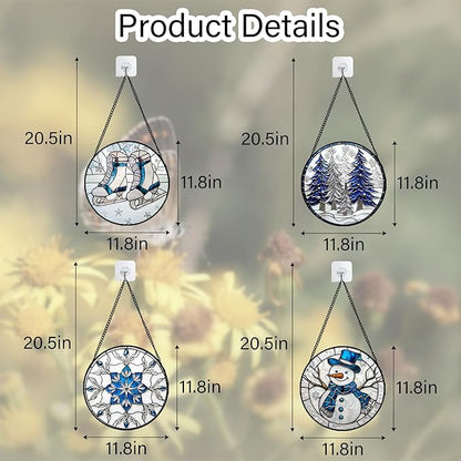DASTOLL Stained Glass Window Hanging 4 Pcs Set White Winter Christmas Snow Scene Large 11.8" - Suncatcher Door Garden Sun Catcher Decor Birthday for Mom Woman Nana Men Friend Wife