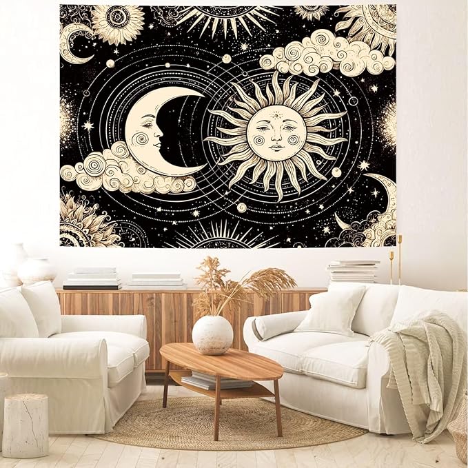 Delur Sun and Moon Tapestry Black Dark Boho Spiritual Burning Sun Tapestry Wall Hanging Mystic Aesthetic Cloud Abstract Star Psychedelic Headboard for Bedroom Living Room Home Decor (70.8" x 92.5")