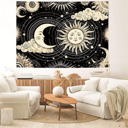 Delur Sun and Moon Tapestry Black Dark Boho Spiritual Burning Sun Tapestry Wall Hanging Mystic Aesthetic Cloud Abstract Star Psychedelic Headboard for Bedroom Living Room Home Decor (59.1" x 78.7")