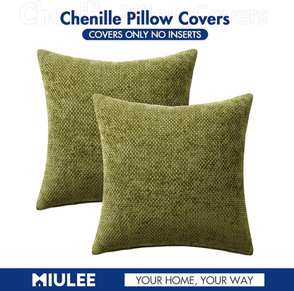 MIULEE Pack of 2 Couch Throw Pillow Covers 18x18 Inch Olive Green Modern Boho Accent Decorative Pillow Covers Soft Chenille Farmhouse Cushion Covers for Home Decor Bed Sofa Living Room
