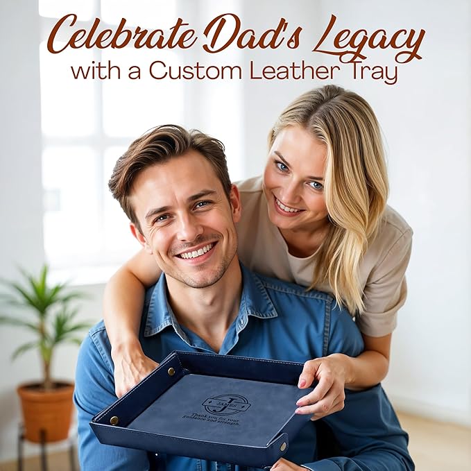 Engraved Father’s Day Leather Valet Tray – Personalized Leather Catch All with Custom Name – Men’s Valet Tray Organizer for Keys, Watches, and Jewelry – Unique Dad Gift from Daughter or Son - Blue