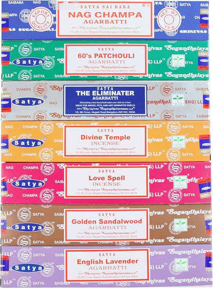 Satya Incense Sticks Gift Set, 7, Scents Nag Champa, 60s Patchouli, The Eliminater, Divine Temple, Love Spell, Golden Sandalwood, English Lavender, 15 g Each (Oriental Mix)
