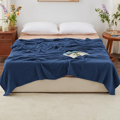 Love's cabin 6 Layer 100% Cotton Muslin Blanket, 90"x90" Muslin Blanket Queen for Couch Bed, Lightweight and Breathable Cotton Gauze for Adult, Dark Blue