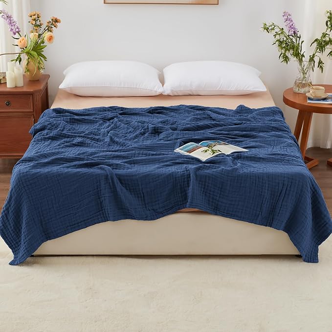 Love's cabin 6 Layer 100% Cotton Muslin Blanket, 108"x90" Muslin King Size Blanket for Bed Couch, Lightweight and Breathable Cotton Gauze for Adult, Dark Blue