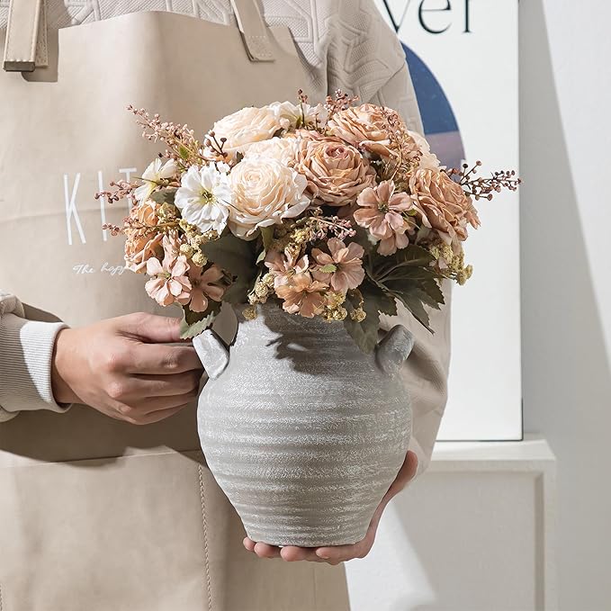 Ceramic Farmhouse Flower Vase, 7.36 Inch Rustic Decorative Vintage Vases for Home Decor Table Living Room Kitchen Bedroom Shelf Mantel Wedding Centerpiece