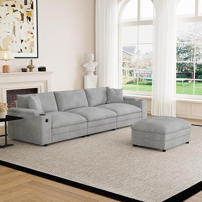 115" L Shaped Cloud Sofa Couch with Ottoman, Storage Armrest, Cup Holders, USB & Type-C Ports, Spring Cushions, Solid Wood Frame, Chenille Modular Sectional for Living Room (Light gray-L-115.2")