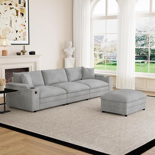 115" L Shaped Cloud Sofa Couch with Ottoman, Storage Armrest, Cup Holders, USB & Type-C Ports, Spring Cushions, Solid Wood Frame, Chenille Modular Sectional for Living Room (Light gray-L-115.2")