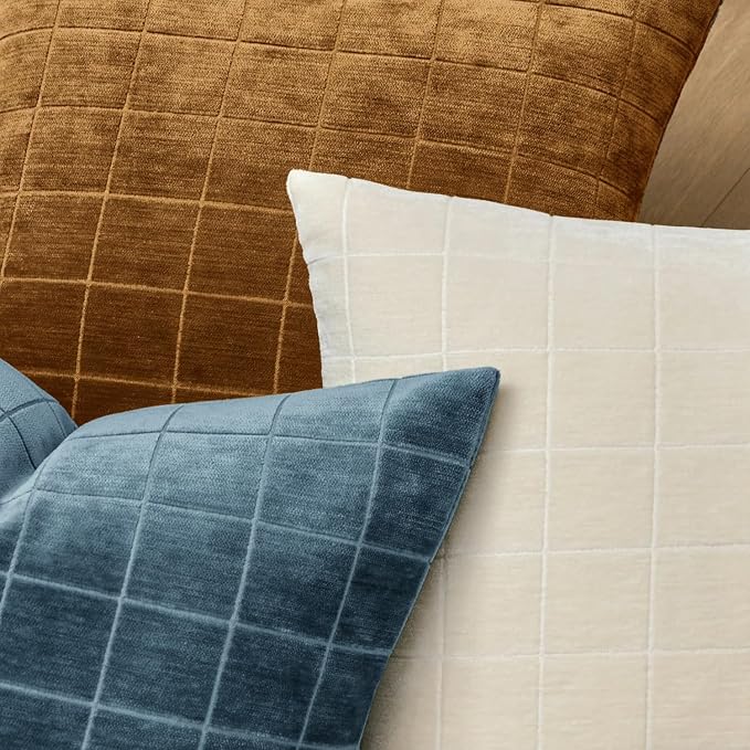MIULEE Decorative Chenille Check Throw Pillow Covers Vintage Plaid Couch Pillows 18x18 Inch Set of 2 Neutral Boho Farmhouse Cushion Covers Modern Spring Coastal Decor for Sofa Bed Living Room Blue