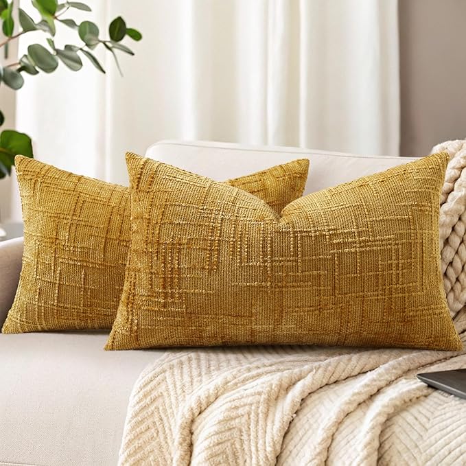 decorUhome Mustard Yellow Chenille Throw Pillow Covers 12x20 Set of 2 Textured Slubby Couch Pillow Covers Farmhouse Accent Modern Neutral Decorative Pillow Cases for Bed Sofa Living Room
