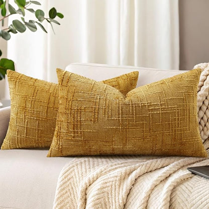 decorUhome Mustard Yellow Chenille Throw Pillow Covers 12x20 Set of 2 Textured Slubby Couch Pillow Covers Farmhouse Accent Modern Neutral Decorative Pillow Cases for Bed Sofa Living Room