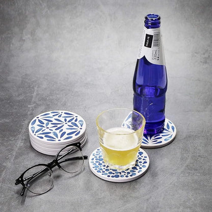 AD Set of 6 Coasters for Drinks Absorbing Round Ceramic Stone Coaster with Cork Base,Tabletop Protection Mat for Mugs and Cups,Office,Kitchen (Indigo Blue with Holder)