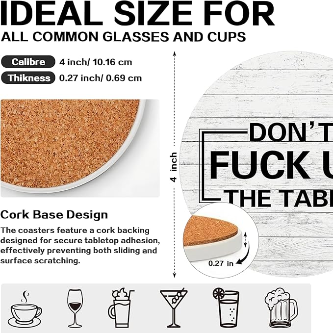 zcyhtqp, Don't FXXK up The Table, Funny Absorbent Round Ceramic Stone Coasters Set of 4 with Cork Base, Funny Coaster for Drinks, Gifts for Home, Kitchen, Bar, Office Table Decor