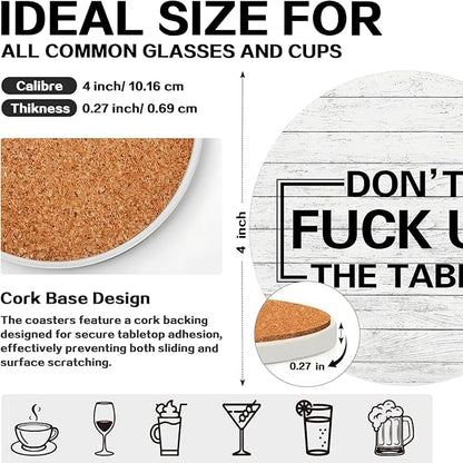 zcyhtqp, Don't FXXK up The Table, Funny Absorbent Round Ceramic Stone Coasters Set of 4 with Cork Base, Funny Coaster for Drinks, Gifts for Home, Kitchen, Bar, Office Table Decor