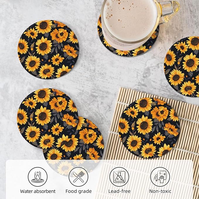 6 Pcs Ceramic Coasters with Holder Absorbent Drink Round Sunflower Style6 Design for Home Table Coffee Cup Wine Beer Bar,Size 4.4 inches