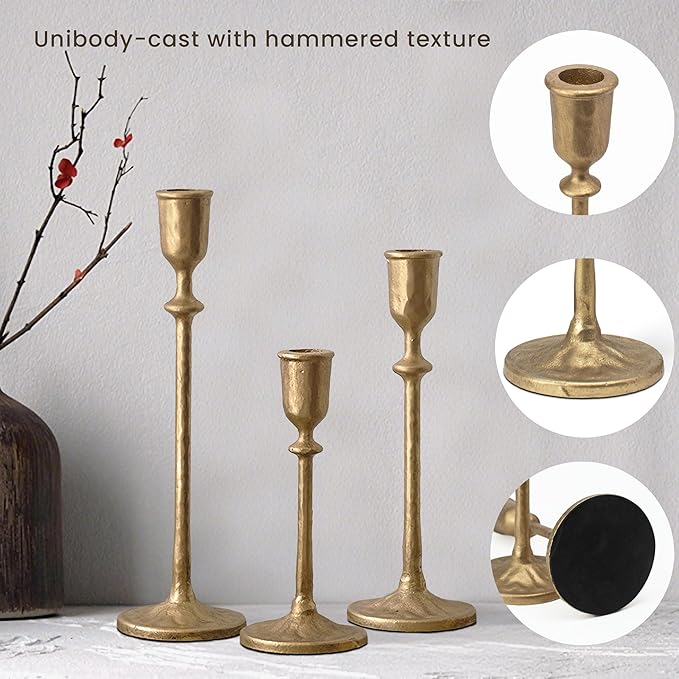 Antique Brass Candlestick Holders Set of 3, Cast Iron Taper Candle Holder for Dining Table Centerpiece, Wedding, Fireplace Mantel Decor, Vintage Tall Candle Stands, Christmas Decorations