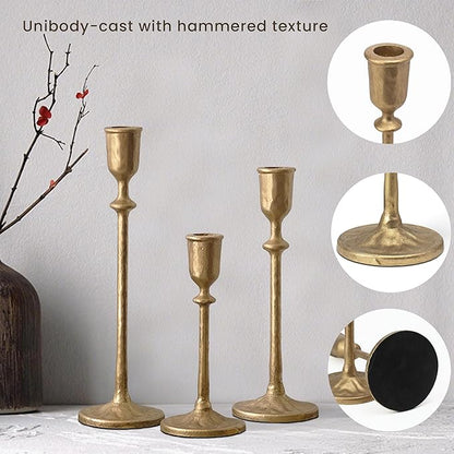 Antique Brass Candlestick Holders Set of 3, Cast Iron Taper Candle Holder for Dining Table Centerpiece, Wedding, Fireplace Mantel Decor, Vintage Tall Candle Stands, Christmas Decorations