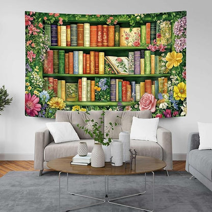 DYNH Wildflowers Bookshelf Tapestry,Book on Bookshelf and Colorful Plants Tapestries,Vintage Art Wall Hanging Decor for Study Room Bedroom Living Room College Dorm,71x60In