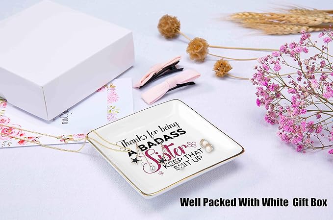 Funny Gifts for Sister, Sister in Law - Sister Gifts from Sister, Brother - Thank You, Christmas, Birthday Gifts for Sister-Thanks For Being A Badass Sister – Jewelry Holder Ring Dish Trinket Box Tray