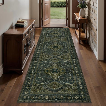 Tangsoo 2.6x10 Washable Hallway Runner Rug, Non Slip Vintage Runner Rug for Hallways, Soft Low Pile Long Rug Runner, Print Distressed Carpet Runners for Kitchen Bedroom Entryway Living Room Green