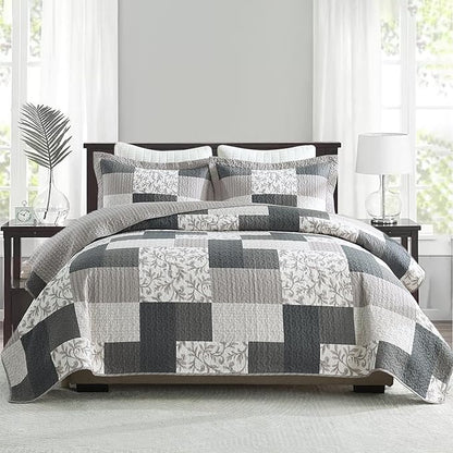 PERHOM King Size Quilt Set, 3 Pieces 100% Cotton King Quilted Comforter Set with 2 Pillow Shams, Farmhouse Plaid Botanical Pattern, Lightweight Reversible Coverlet Bedspread, Charcoal/Khaki/Beige