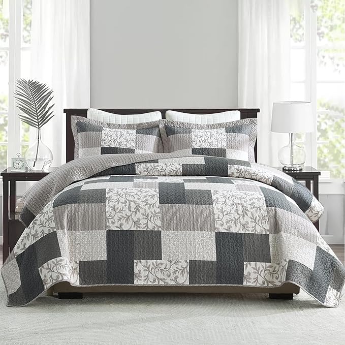 PERHOM Queen Size Quilt Set, 3 Pieces Queen 100% Cotton Quilted Comforter Set with 2 Pillow Shams, Farmhouse Plaid Botanical Pattern, Lightweight Reversible Coverlet Bedspread, Charcoal/Khaki/Beige