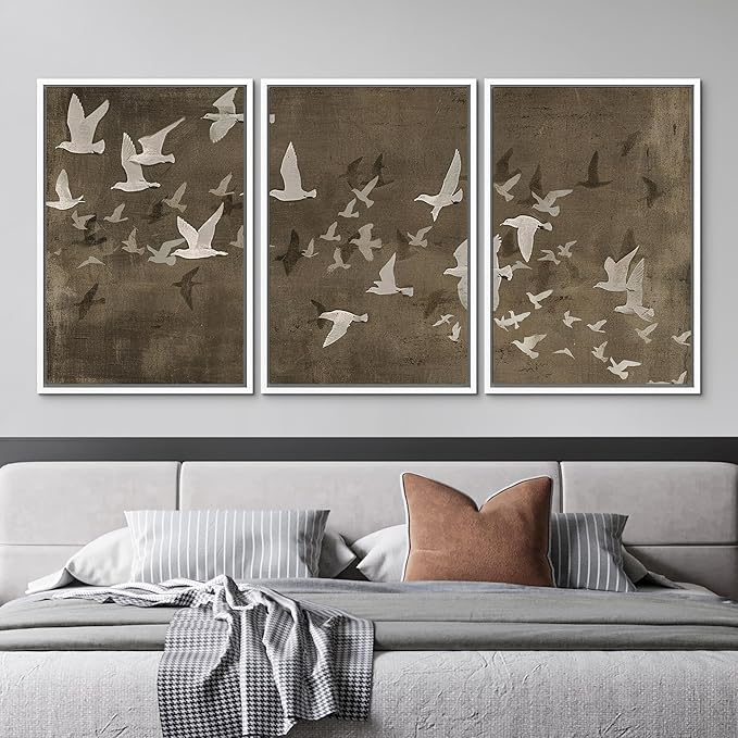 MUDECOR Framed Wall Art Print Set Flock of Abstract Birds in Flight Earthy Tones Illustrations Modern Art Boho Decorative Colorful Chic for Living Room, Bedroom, Office - 16"x24"x3 White
