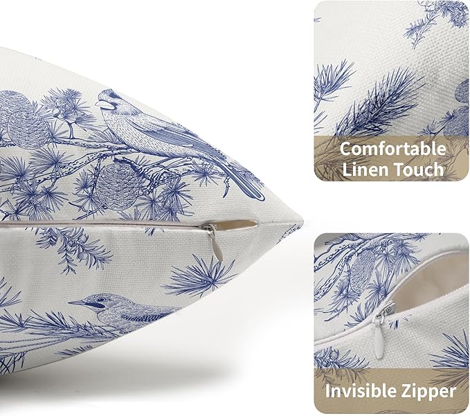 White Blue Bird Pillow Covers 12x20 Set of 2 Decorations Chinoiserie Vintage Throw Pillow Covers Decor Rustic Pillowcases Oriental Pattern Farmhouse Cozy Soft for Sofa Bed Chair Home Decorative