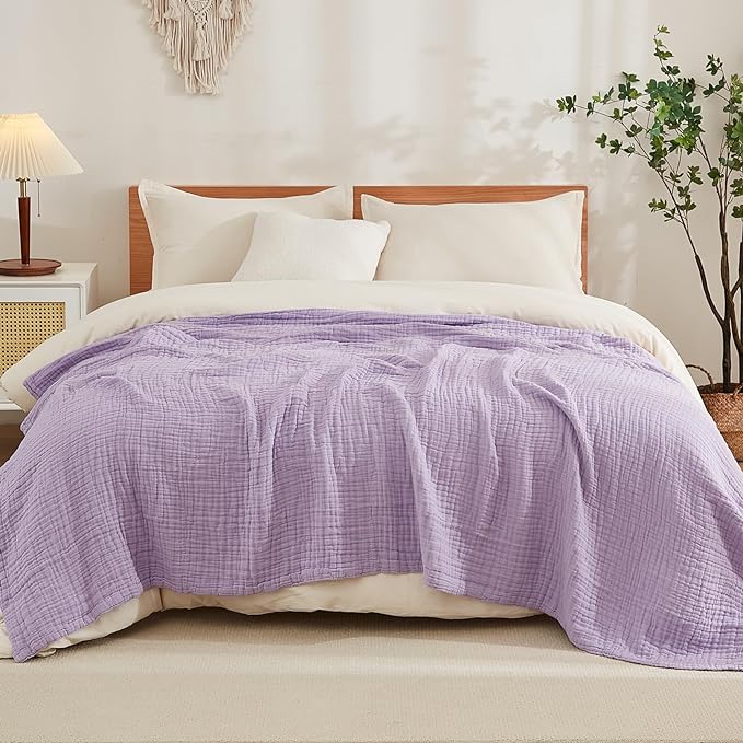 EMME Cotton Muslin King Blanket Big Oversized Bed Layering Bedspread Coverlet Breathable Gauze Soft Lightweight Blankets (Lavender, 120"x94")
