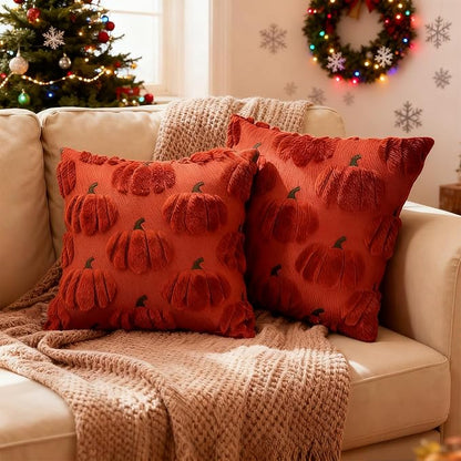 Fall Pumpkin Decorative Throw Pillow Covers 20x20 Set of 2 Pillow Covers, Faux Fur Square Pillow Cover Fluffy Plush Accent Throw Pillow Case, Throw Pillow Cover Cushion Cover for Autumn, Rust Red