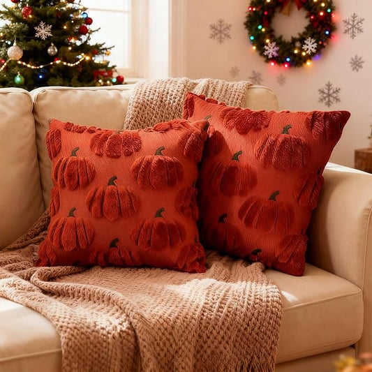 Fall Pumpkin Decorative Throw Pillow Covers 18x18 Set of 2 Pillow Covers, Faux Fur Square Pillow Cover Fluffy Plush Accent Throw Pillow Case, Throw Pillow Cover Cushion Cover for Autumn, Rust Red