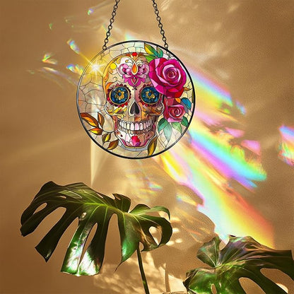 VAIIEYO Skull Rose Acrylic Sun Catcher Window Hanging Decoration, 7.8 Inch Double-Sided Light Reflecting Ornament for Window, Garden, Porch or Balcony Decor, Housewarming, Gift for Natural Lovers