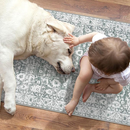 Vintage Entryway Rug 2x3 Washable, Sage Green White Kitchen Rug, Super Soft Thin Faux Wool Small Area Rug, Non-Slip Accent Mat for Foyer, Bedroom, Office