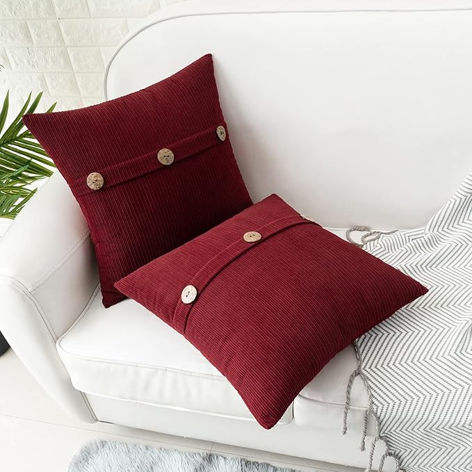 HWY 50 Burgundy Red Chenille Throw Pillow Covers 22x22 Inch with Triple Buttons, Soft Farmhouse Accent Decorative Cushion Cases for Couch Sofa Bed Living Room Pack of 2