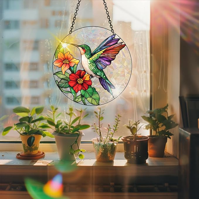 Bimkole Hummingbird Sun Catchers Indoor Window - Flowers Acrylic Suncatcher Hanging Decoration for Living Room Bedroom Summer Home Balcony Outdoor Garden Ornaments Decoration 7.8x7.8 Inch